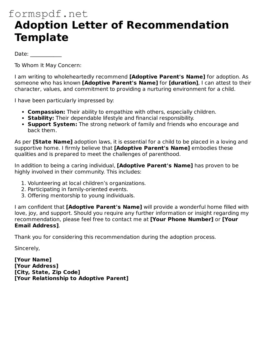 Fillable Adoption Letter of Recommendation Form