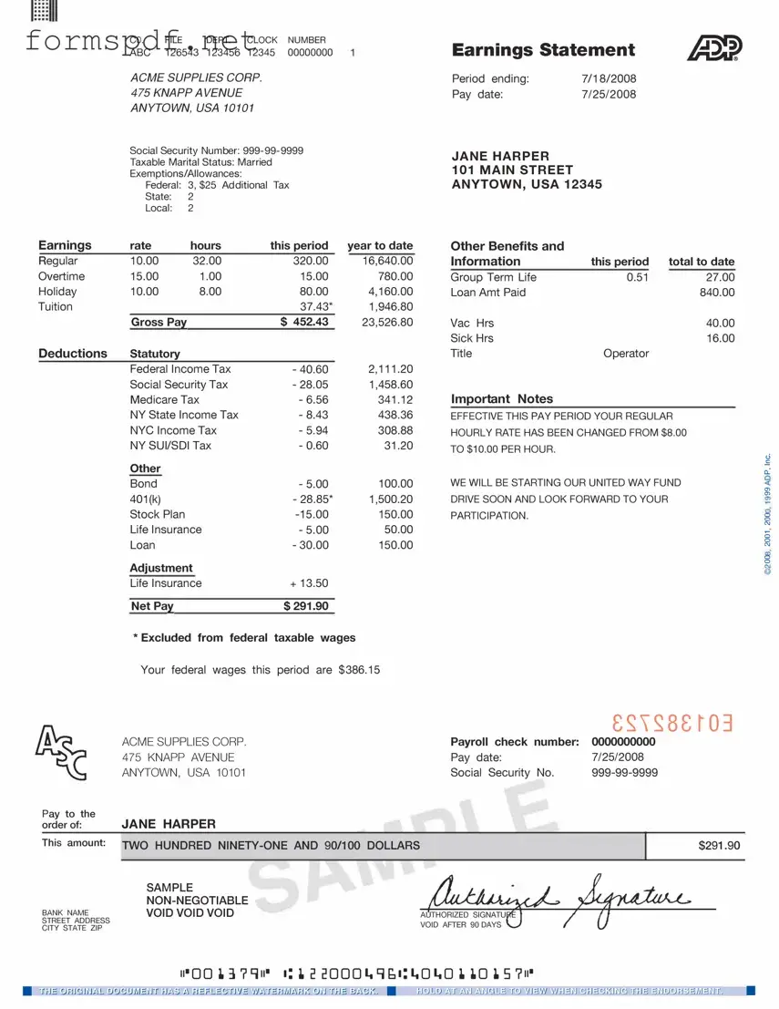 Free Adp Pay Stub PDF Form