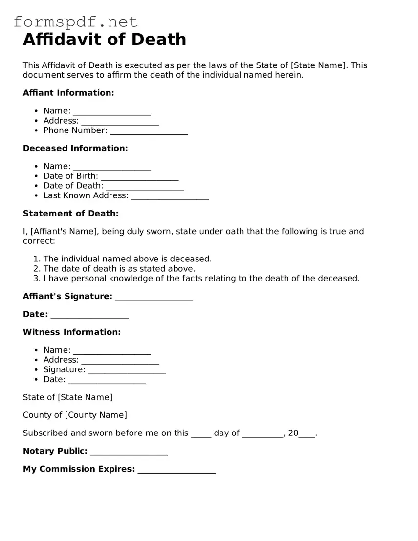 Fillable Affidavit of Death Form