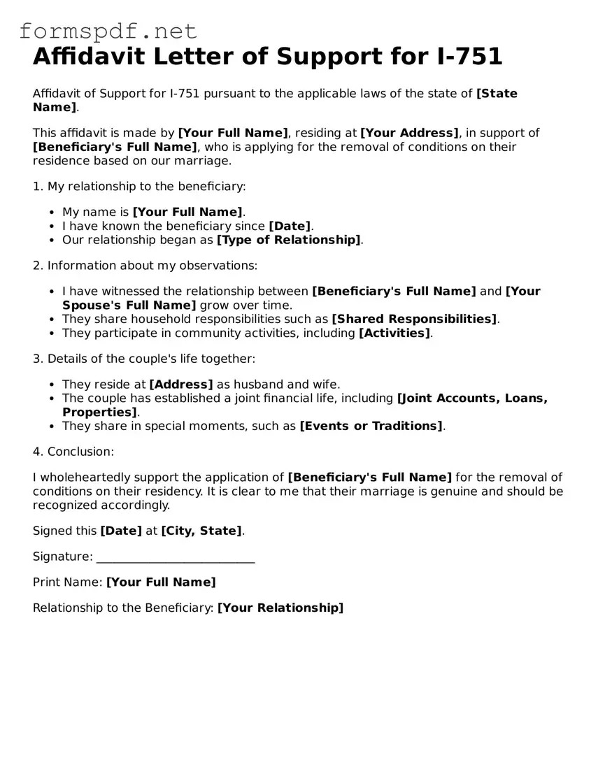 Fillable Affidavit Letter of Support for I-751 Form