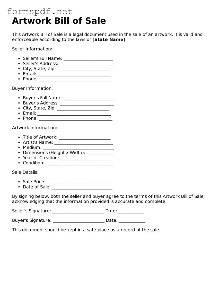 Fillable Artwork Bill of Sale Form