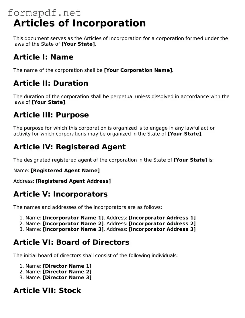 Fillable Articles of Incorporation Form