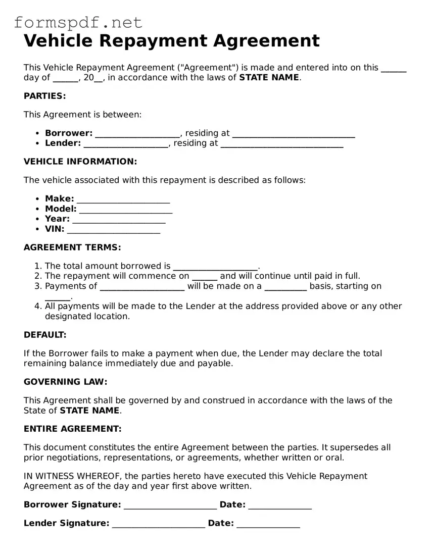 Fillable Vehicle Repayment Agreement Form