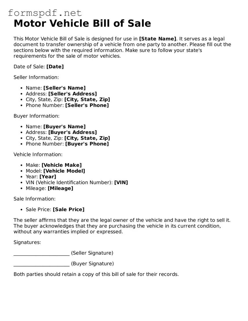 Fillable Motor Vehicle Bill of Sale Form