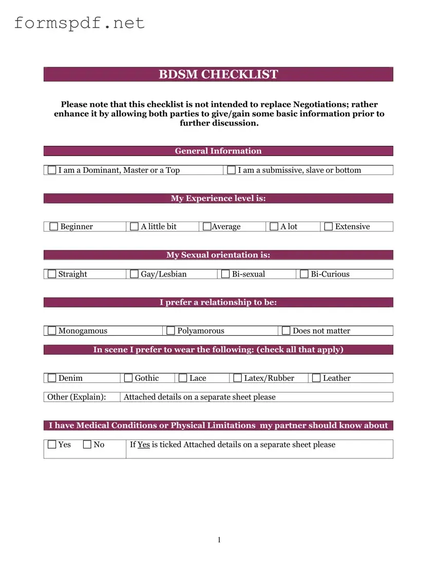 Free Bdsm Checklist PDF Form