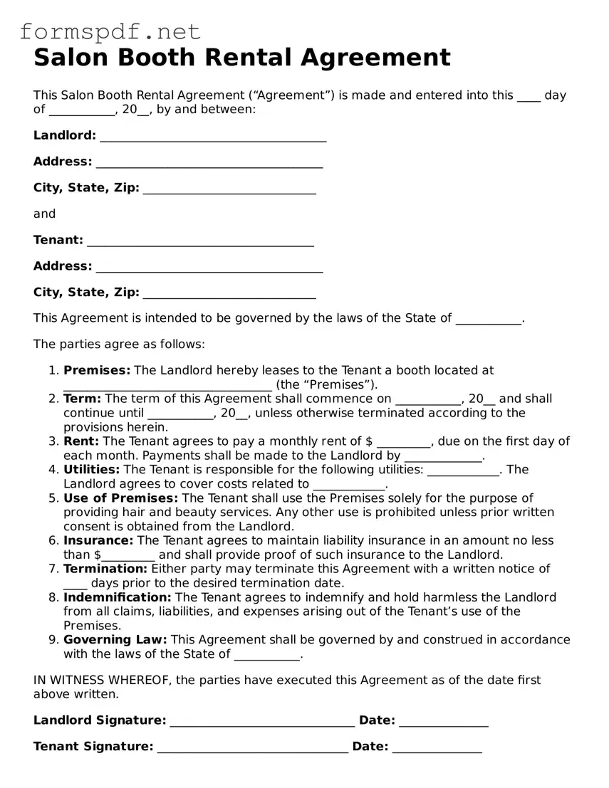 Fillable Salon Booth Rental Agreement Form