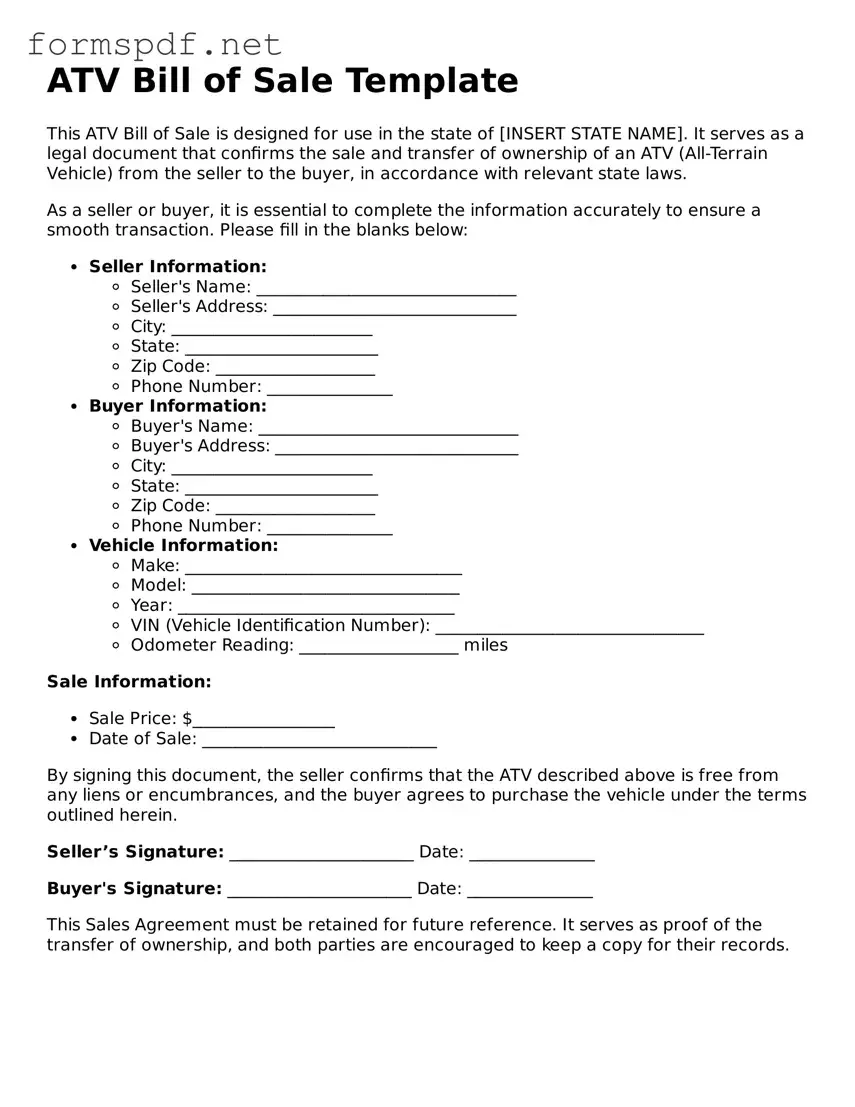 Fillable ATV Bill of Sale Form