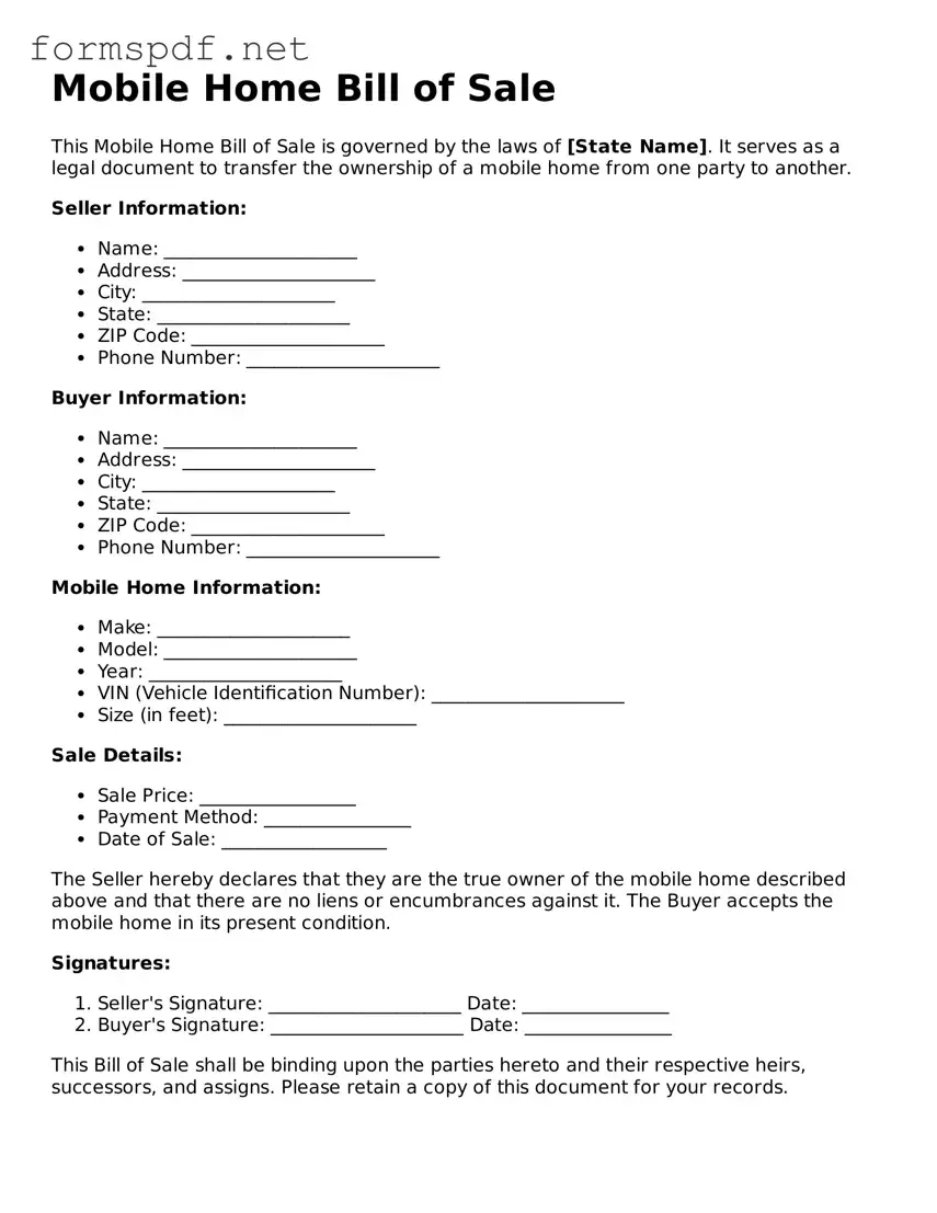 Fillable Mobile Home Bill of Sale Form