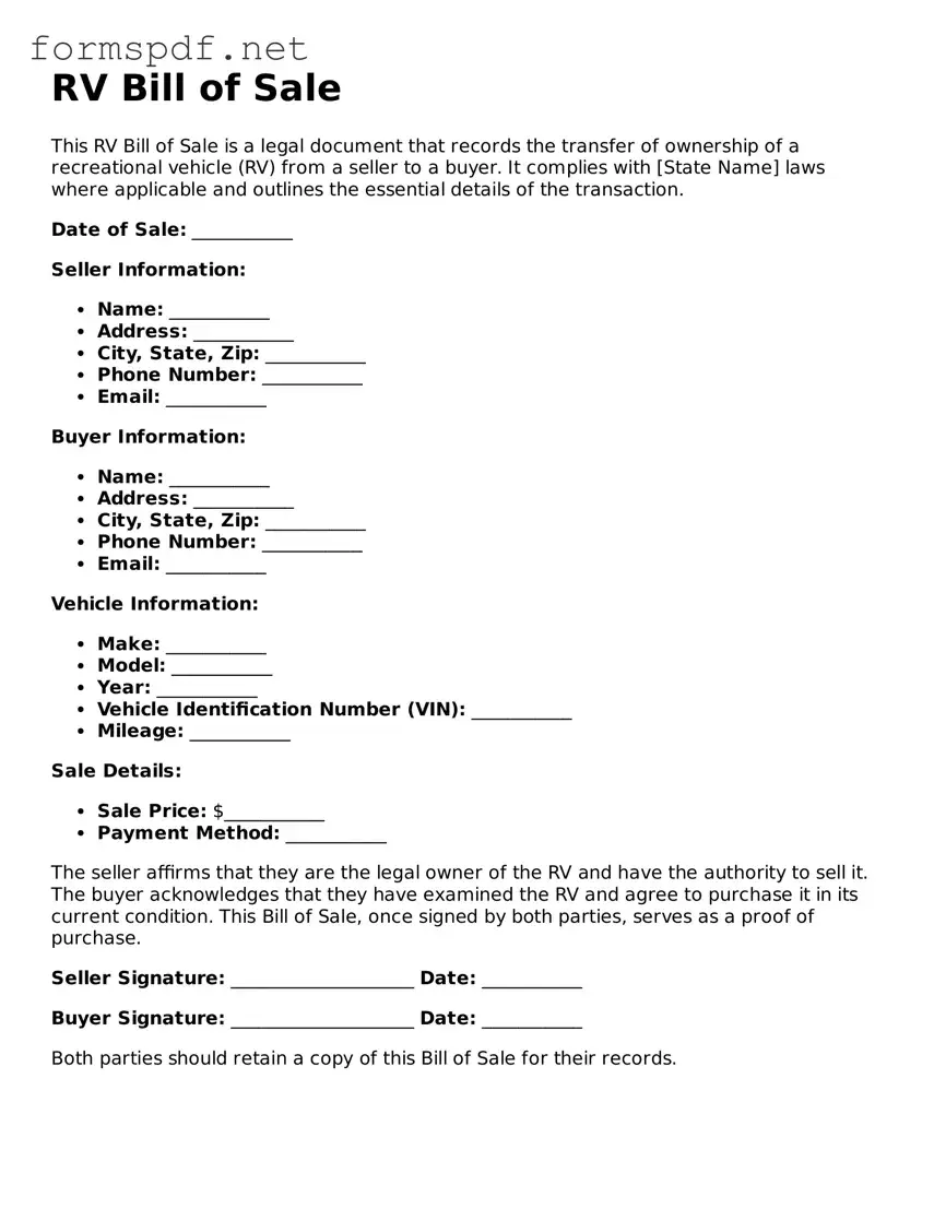 Fillable RV Bill of Sale Form