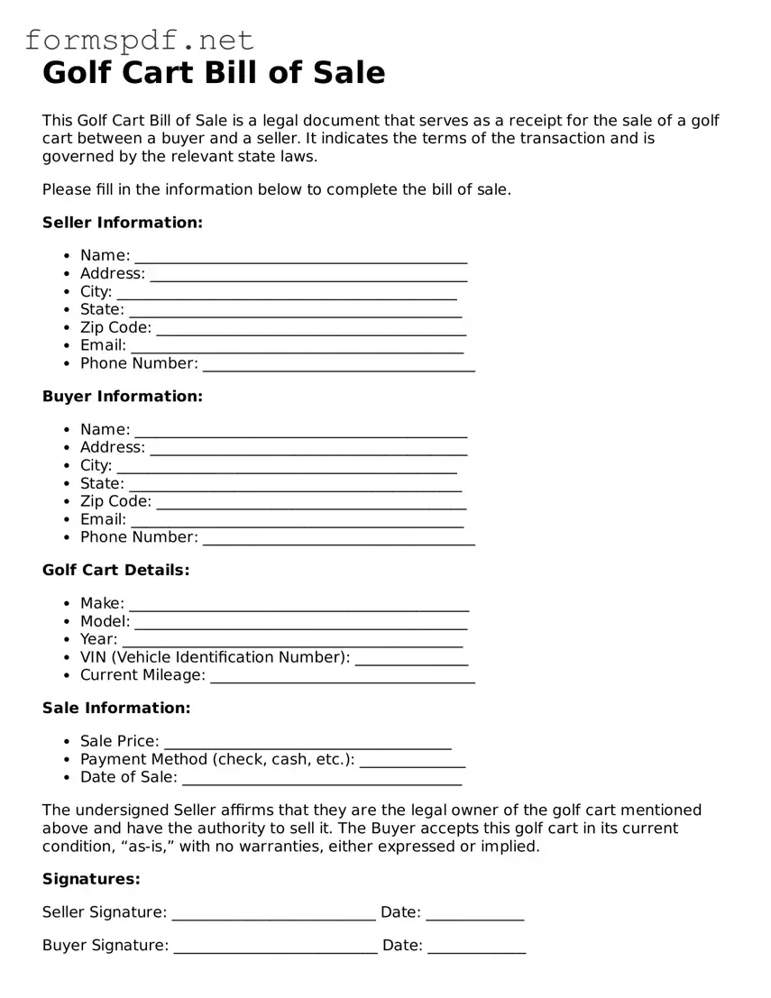 Fillable Golf Cart Bill of Sale Form