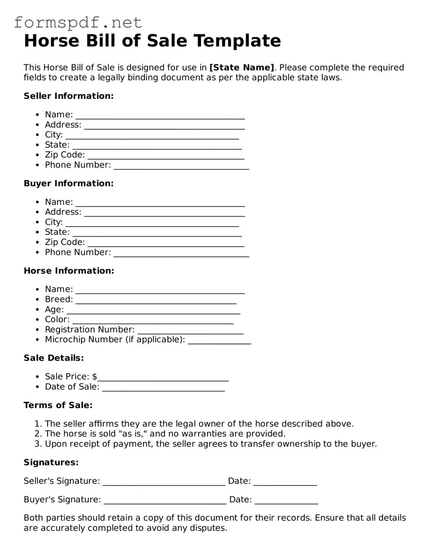 Fillable Horse Bill of Sale Form