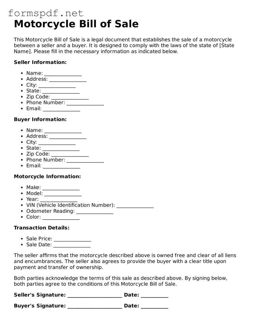 Fillable Motorcycle Bill of Sale Form