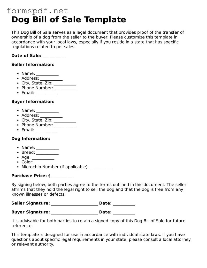 Fillable Dog Bill of Sale Form