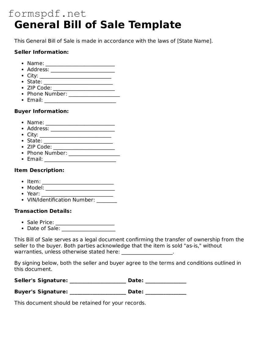 Fillable General Bill of Sale Form
