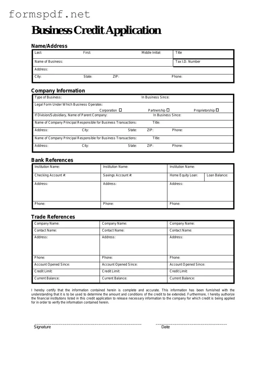 Free Business Credit Application PDF Form