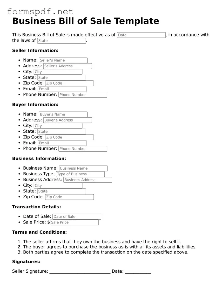 Fillable Business Bill of Sale Form