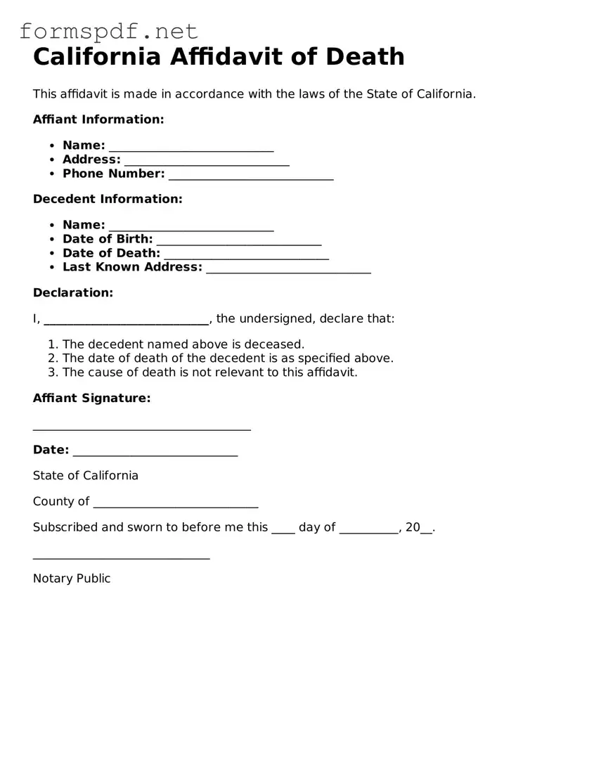 Free  Affidavit of Death Form for California