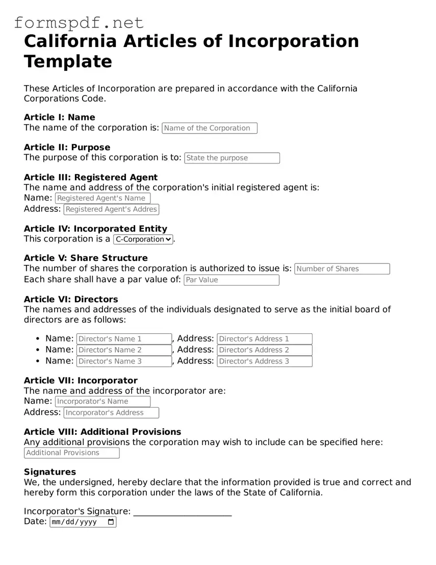 Free  Articles of Incorporation Form for California