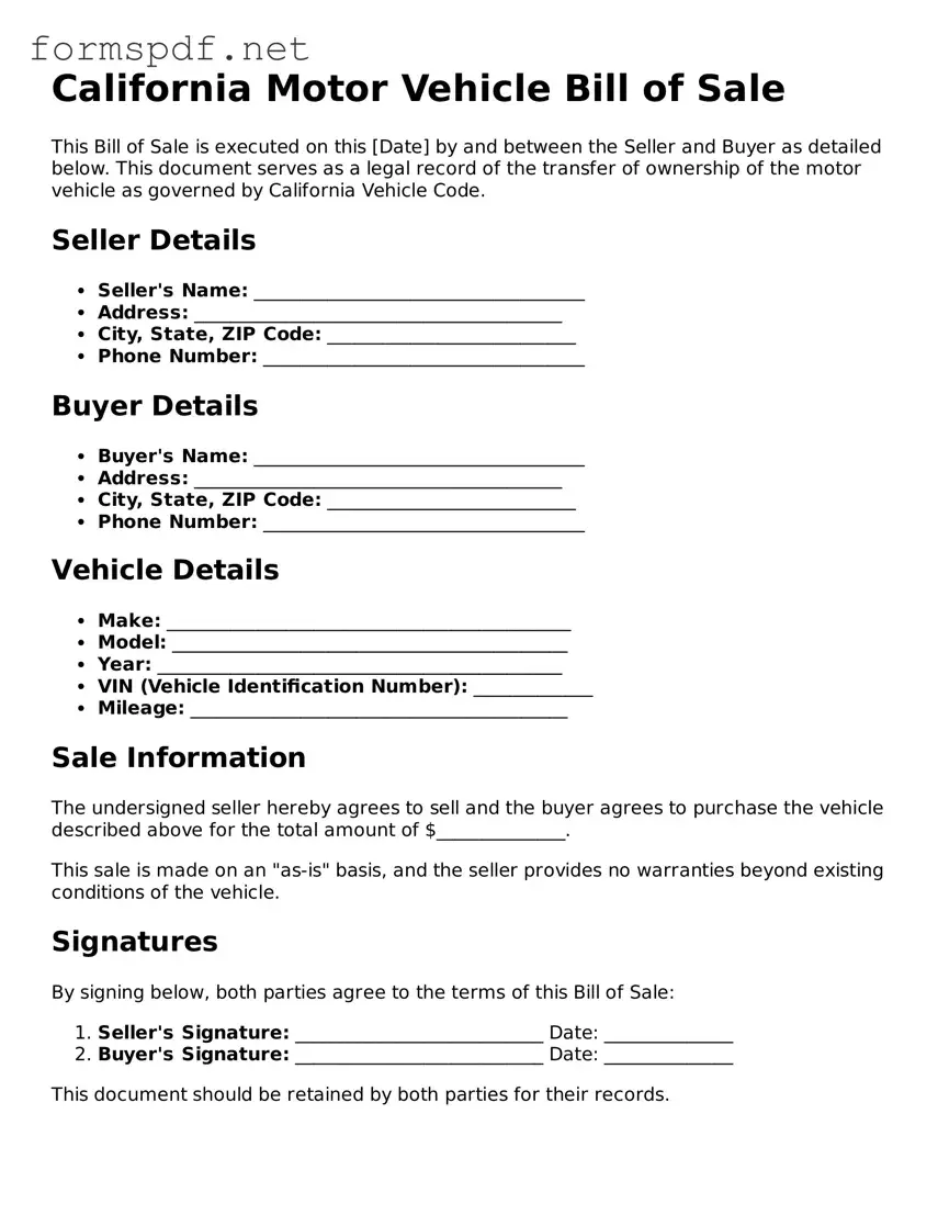 Free  Motor Vehicle Bill of Sale Form for California
