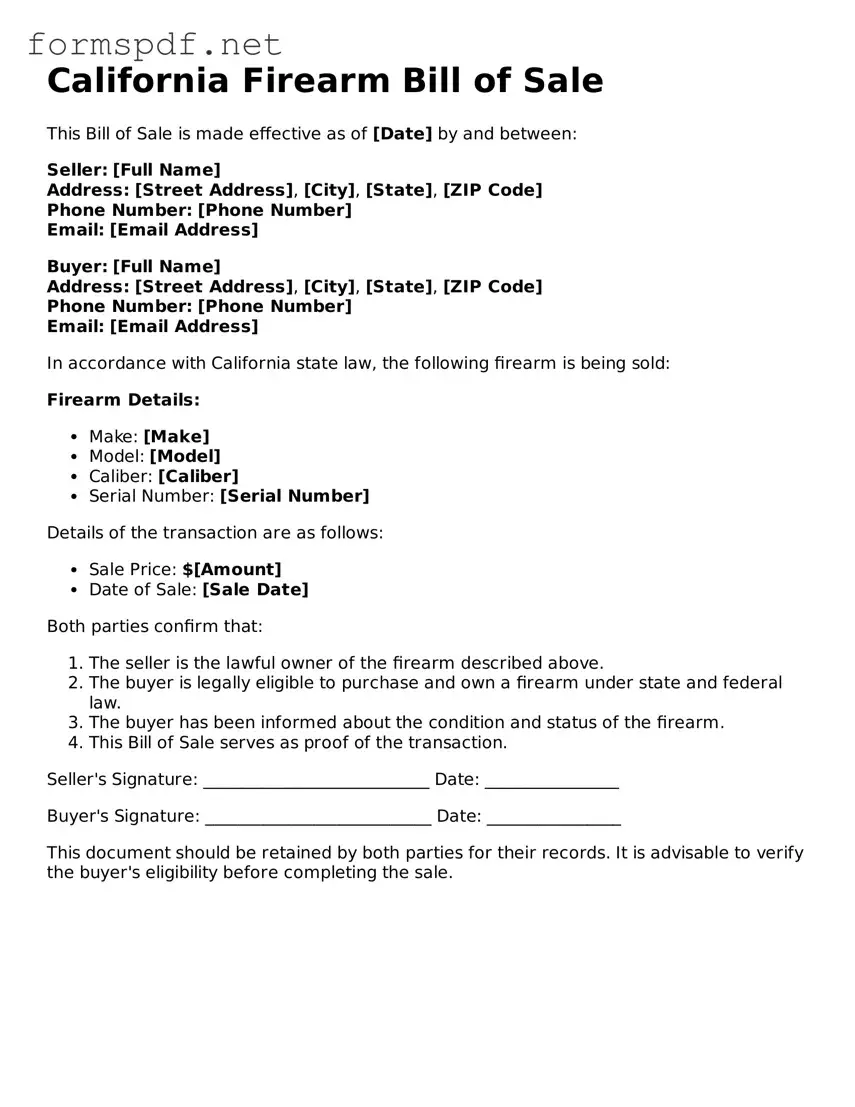 Free  Firearm Bill of Sale Form for California