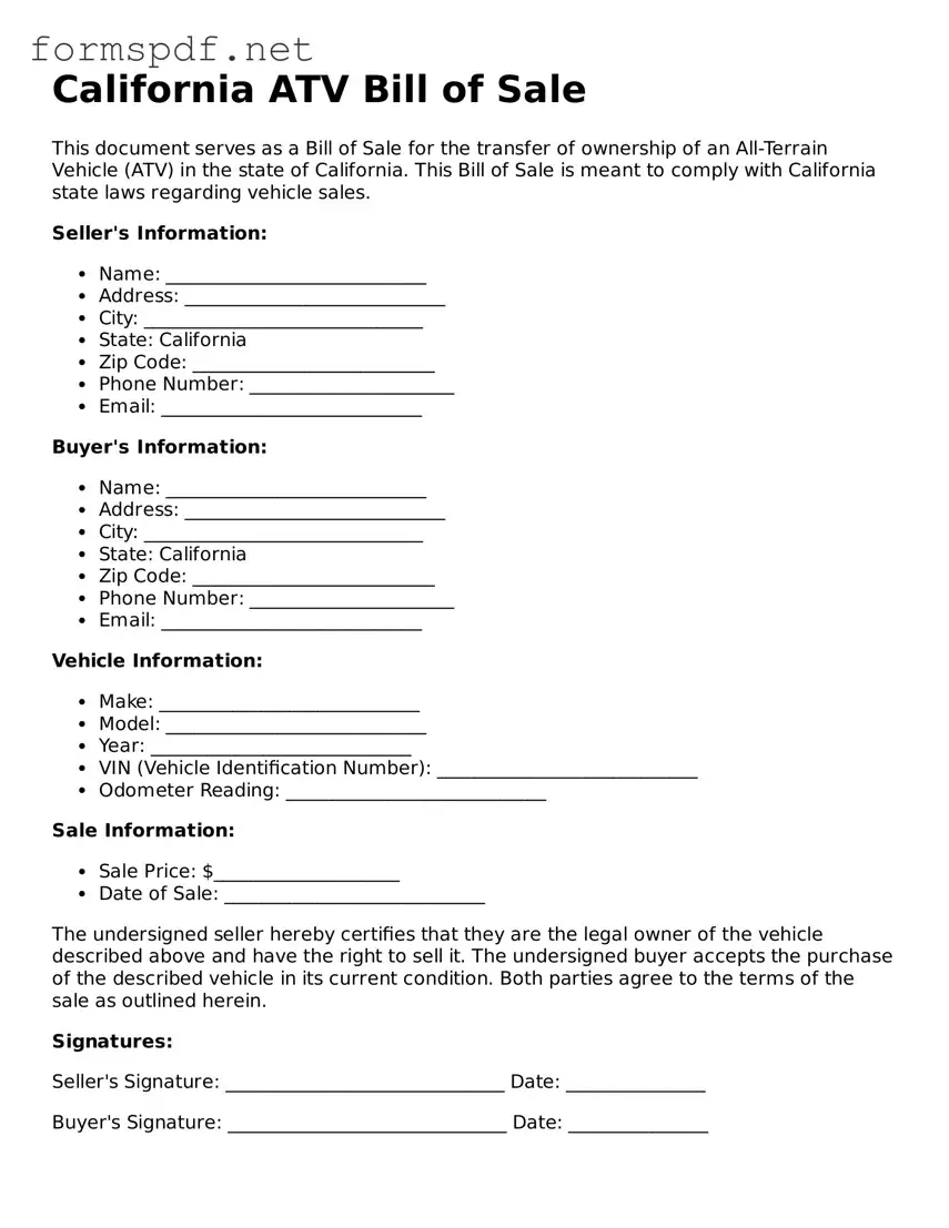 Free  ATV Bill of Sale Form for California