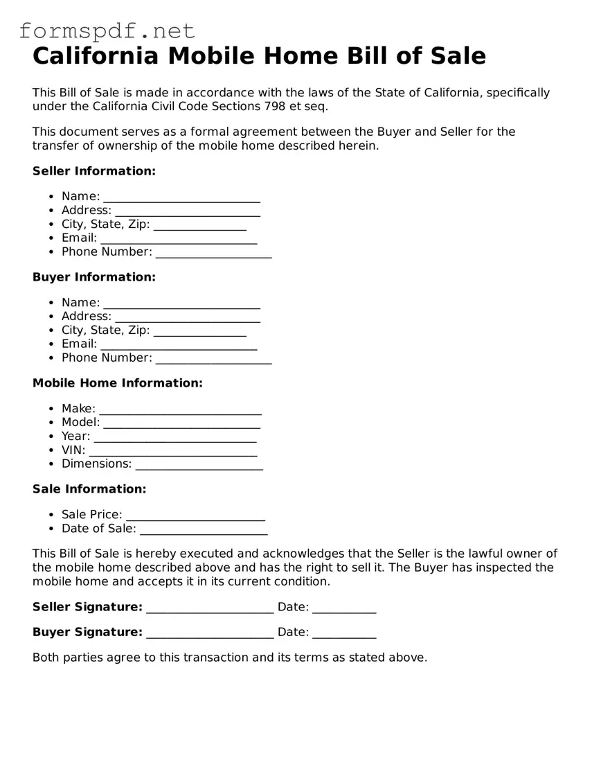 Free  Mobile Home Bill of Sale Form for California