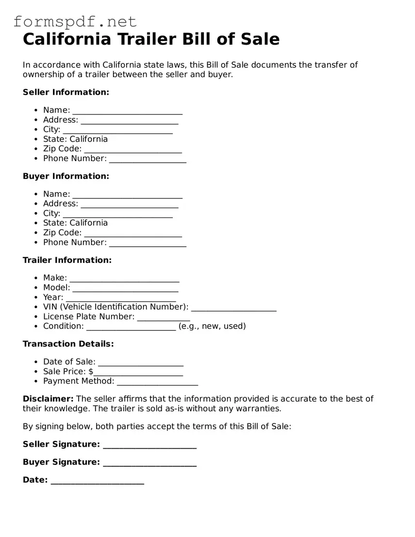 Free  Trailer Bill of Sale Form for California