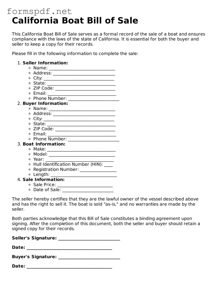 Free  Boat Bill of Sale Form for California