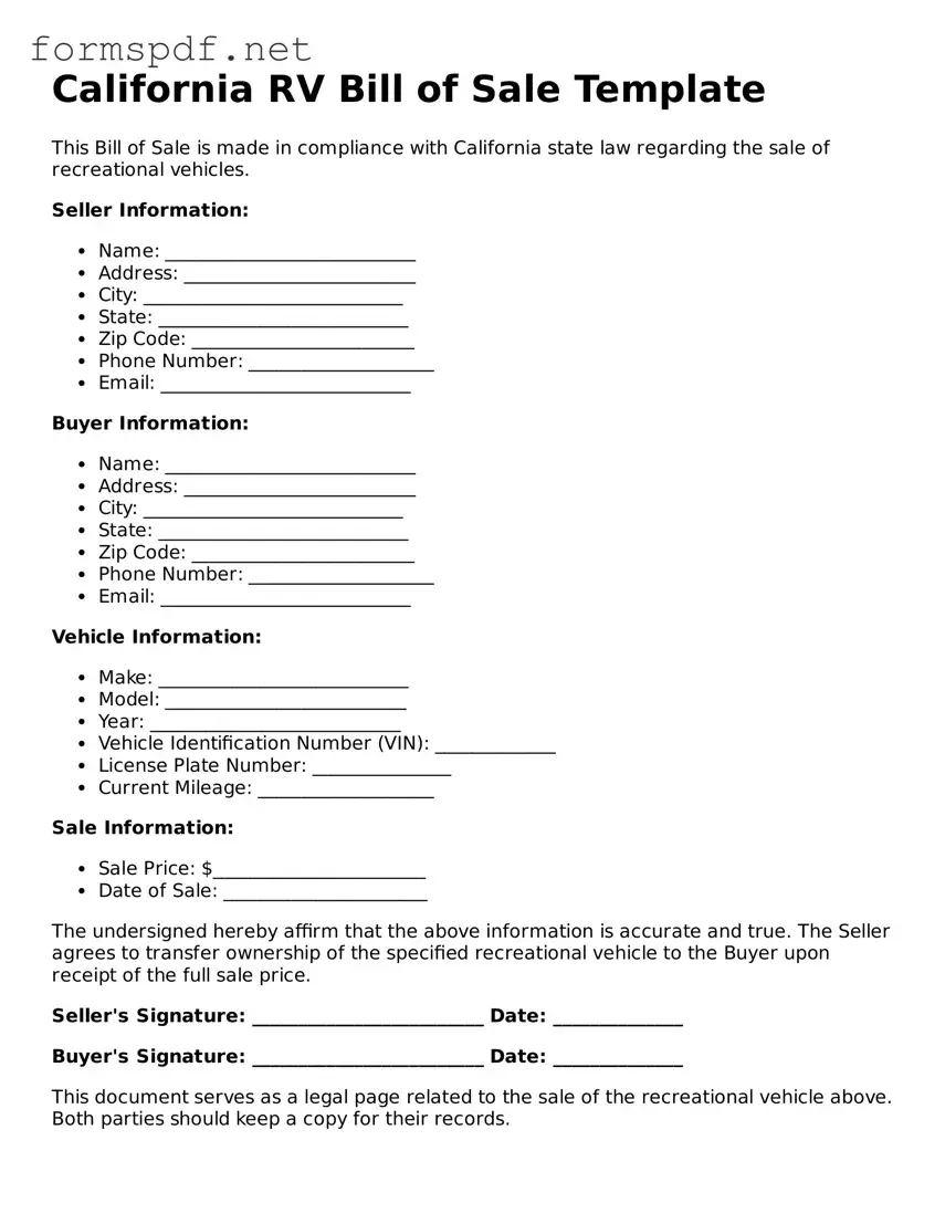 Free  RV Bill of Sale Form for California