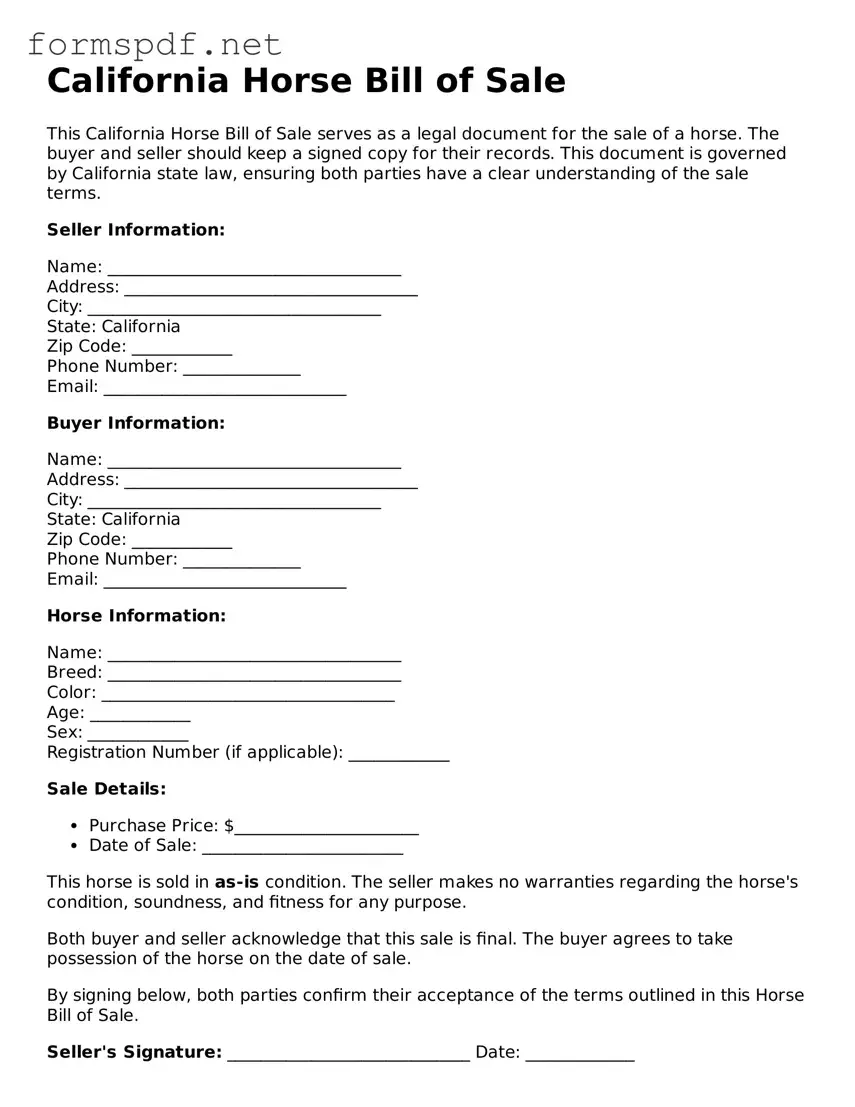 Free  Horse Bill of Sale Form for California