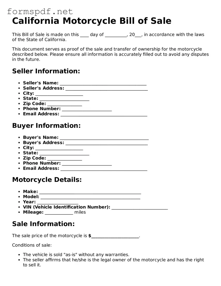 Free  Motorcycle Bill of Sale Form for California