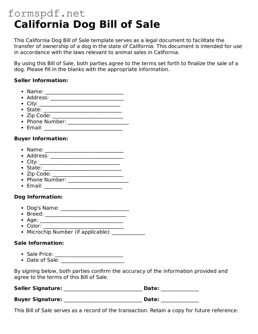 Free  Dog Bill of Sale Form for California