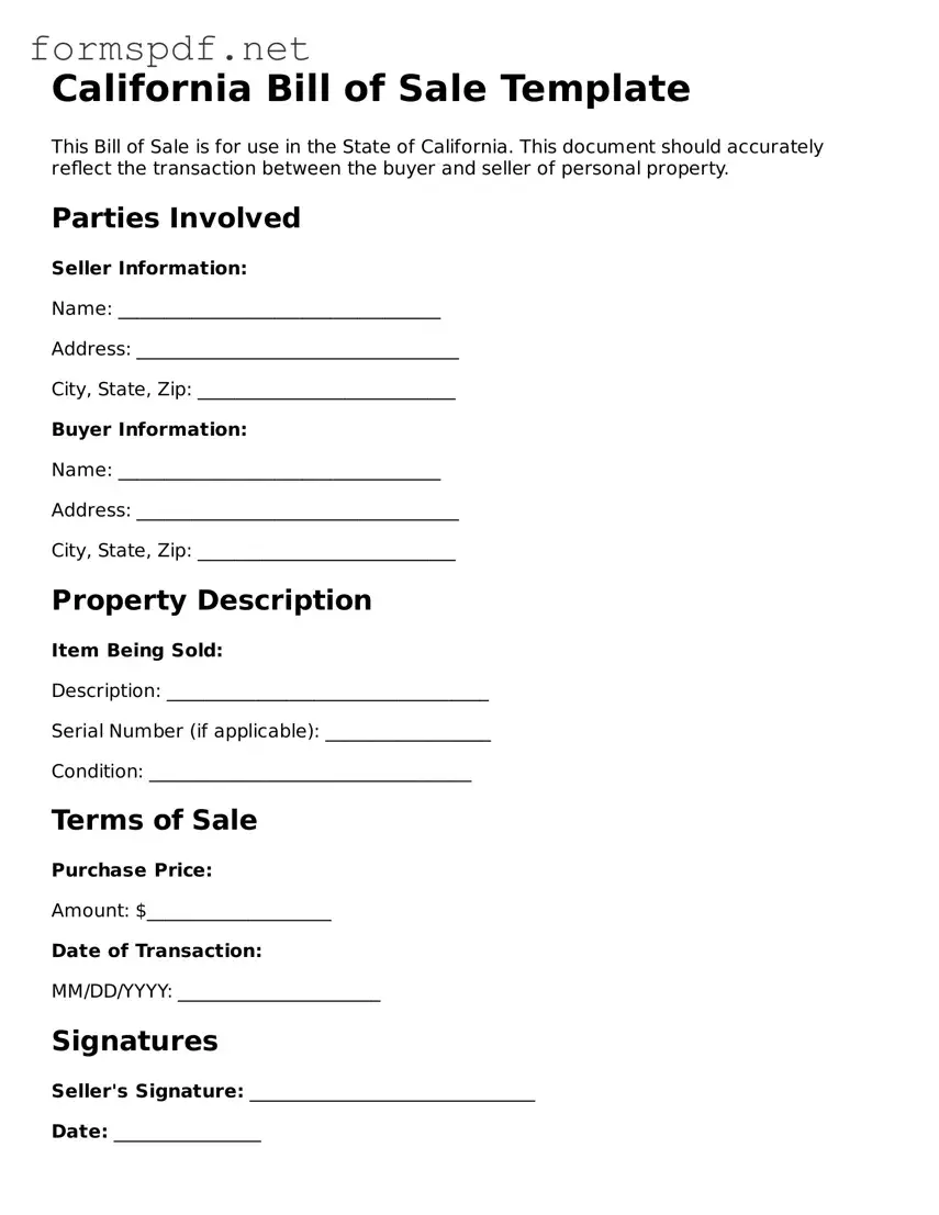 Free  Bill of Sale Form for California