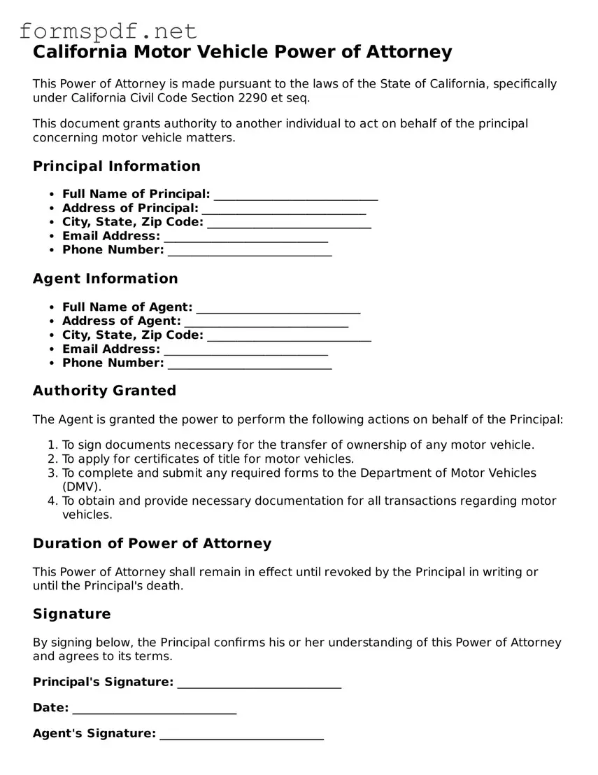 Free  Motor Vehicle Power of Attorney Form for California