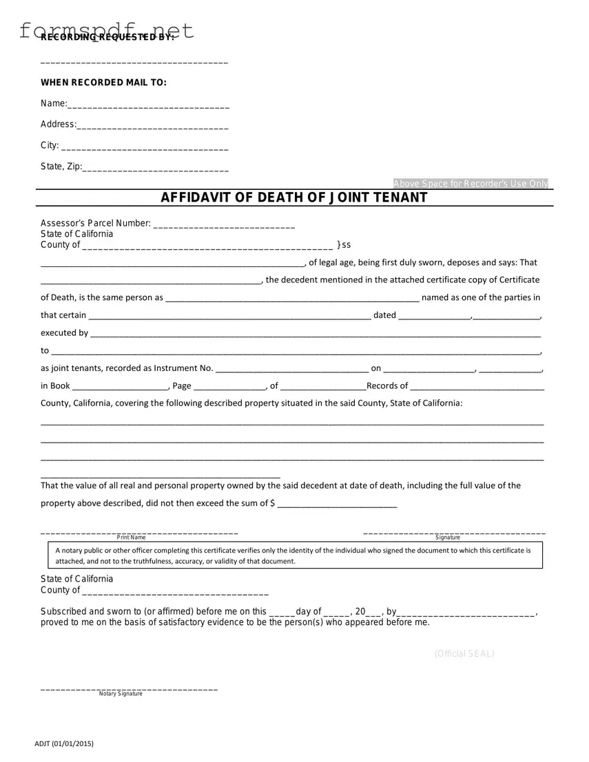 Free California Death of a Joint Tenant Affidavit PDF Form
