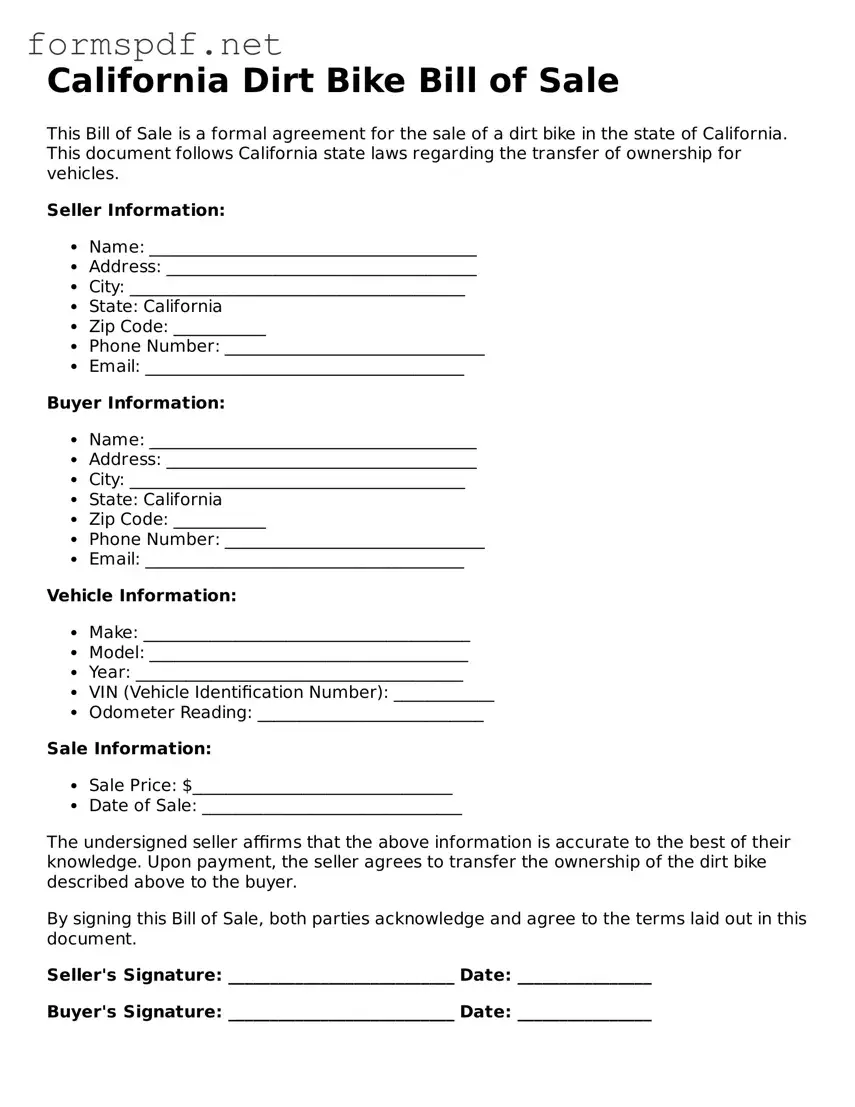 Free  Dirt Bike Bill of Sale Form for California