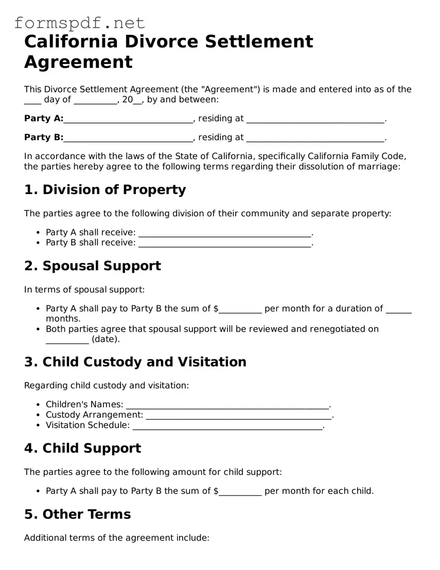 Free  Divorce Settlement Agreement Form for California