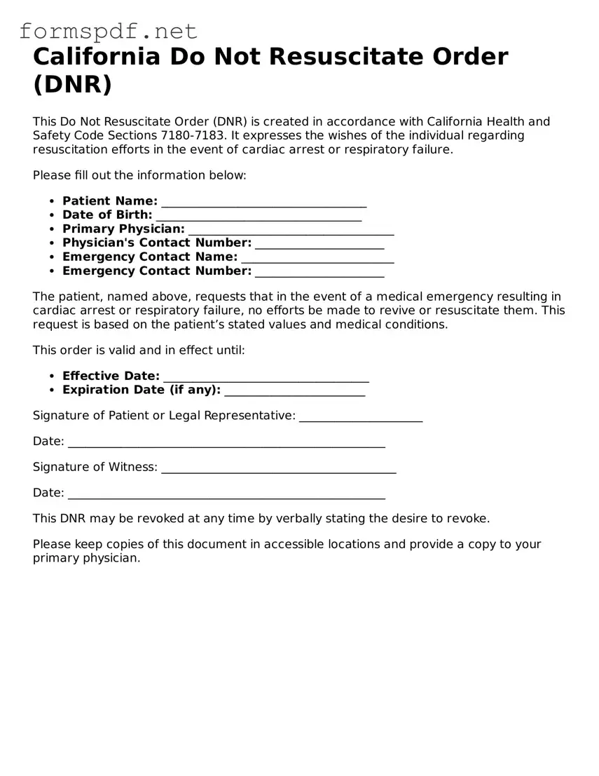 Free  Do Not Resuscitate Order Form for California