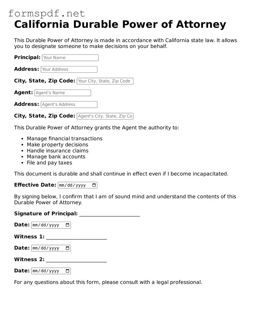 Free Durable Power of Attorney Form for California