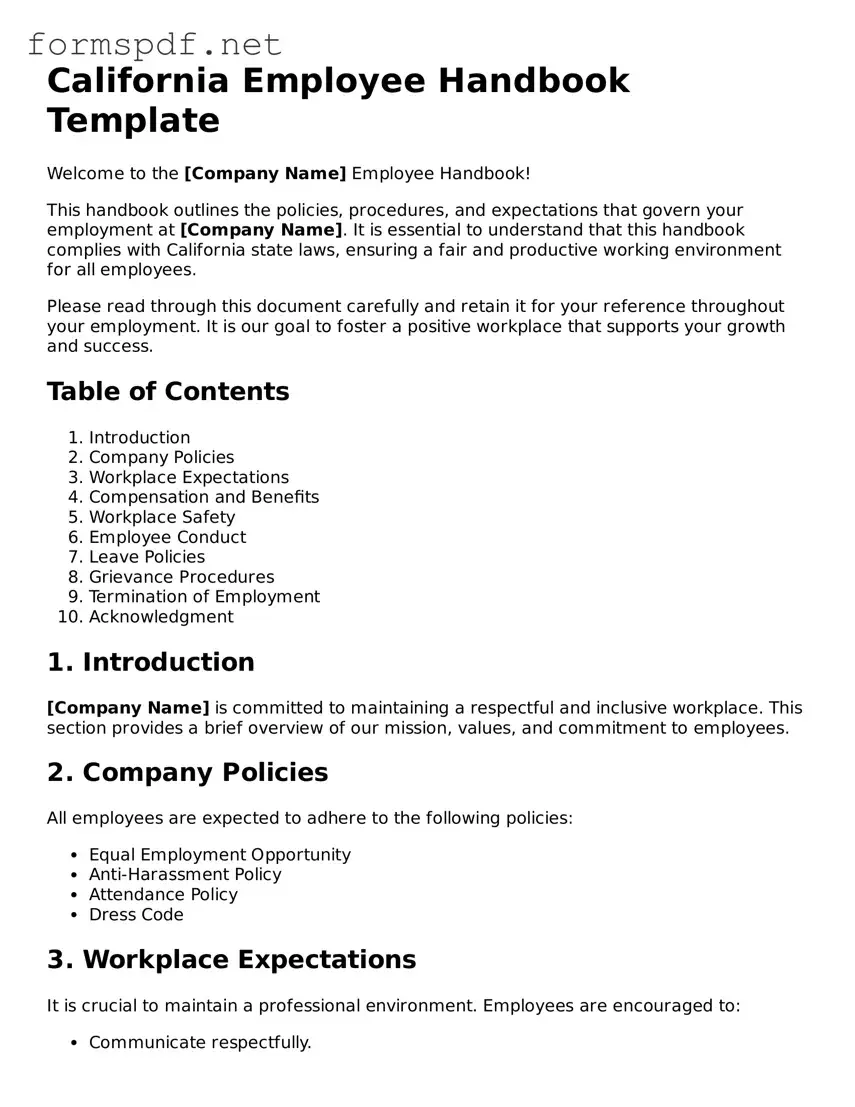 Free  Employee Handbook Form for California