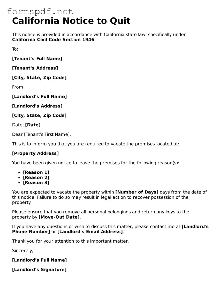 Free  Notice to Quit Form for California