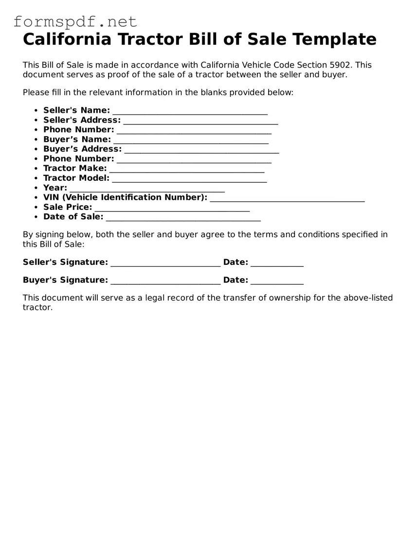 Free  Tractor Bill of Sale Form for California