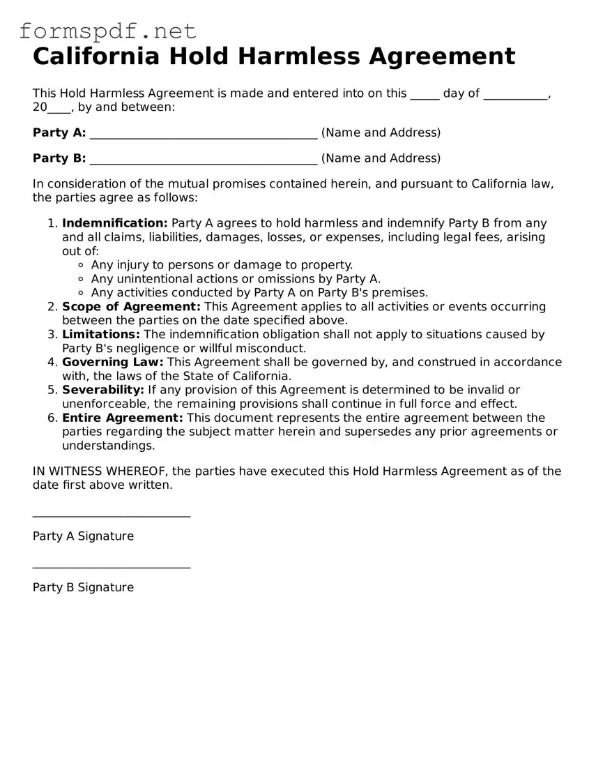 Free  Hold Harmless Agreement Form for California