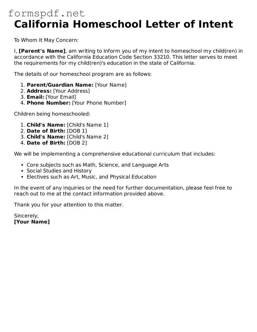 Free  Homeschool Letter of Intent Form for California