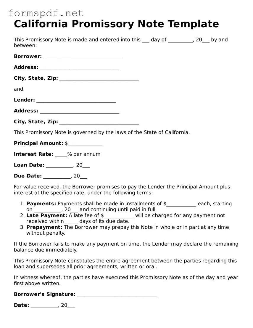 Free  Promissory Note Form for California