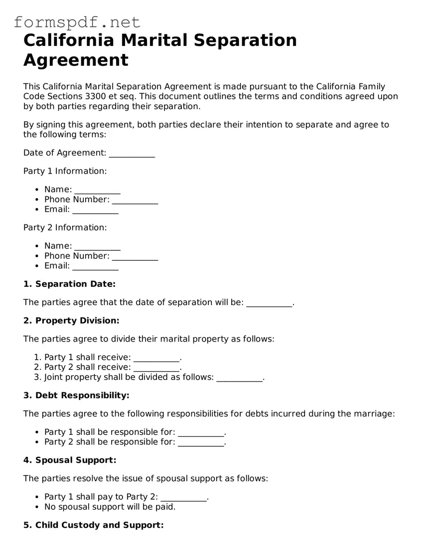 Free  Marital Separation Agreement Form for California