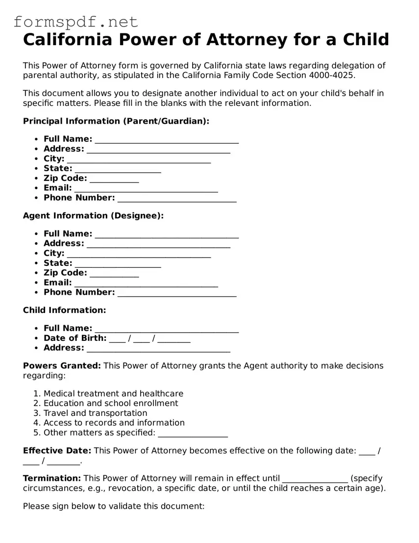 Free  Power of Attorney for a Child Form for California