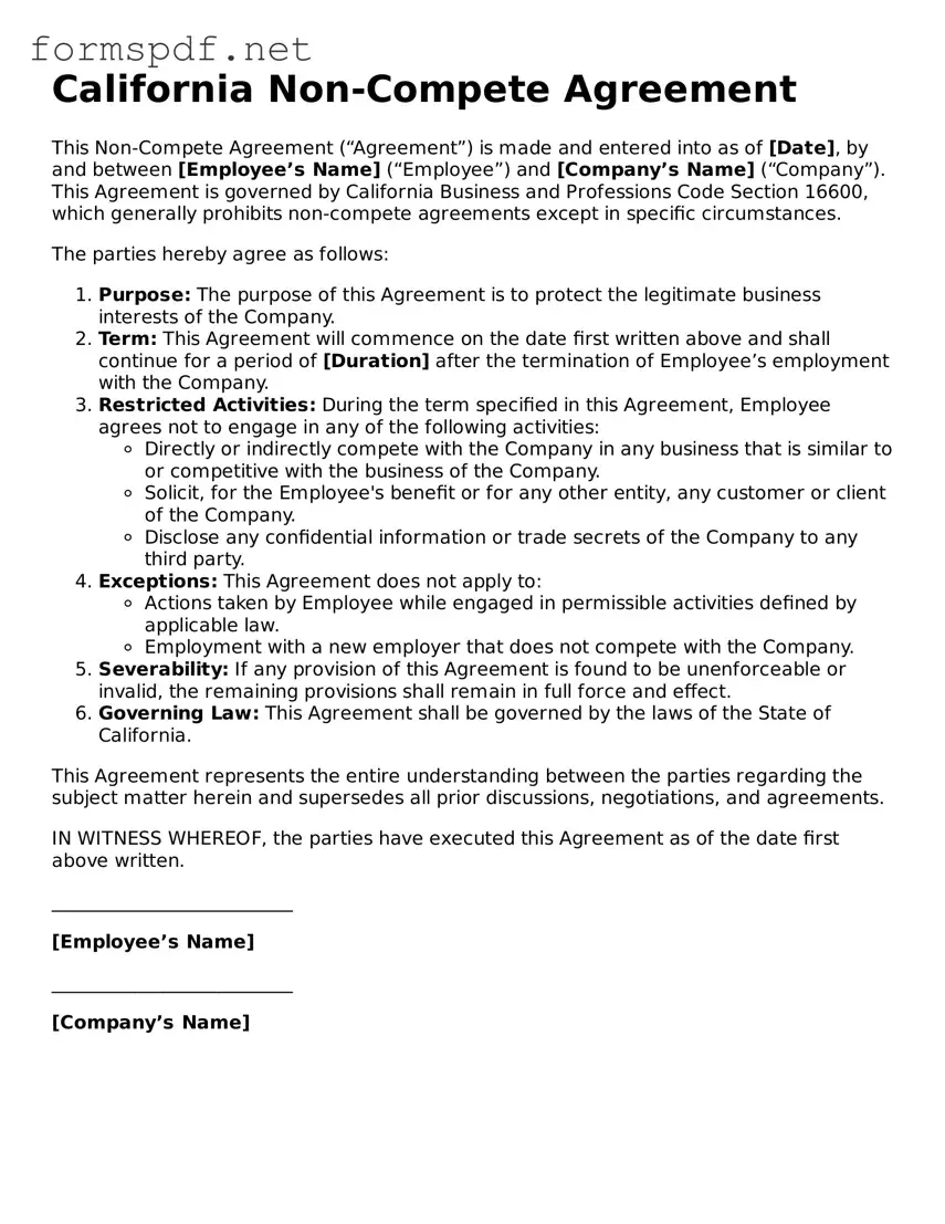 Free  Non-compete Agreement Form for California