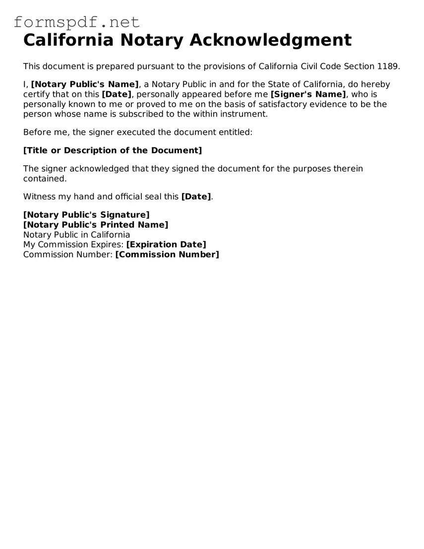 Free  Notary Acknowledgement Form for California