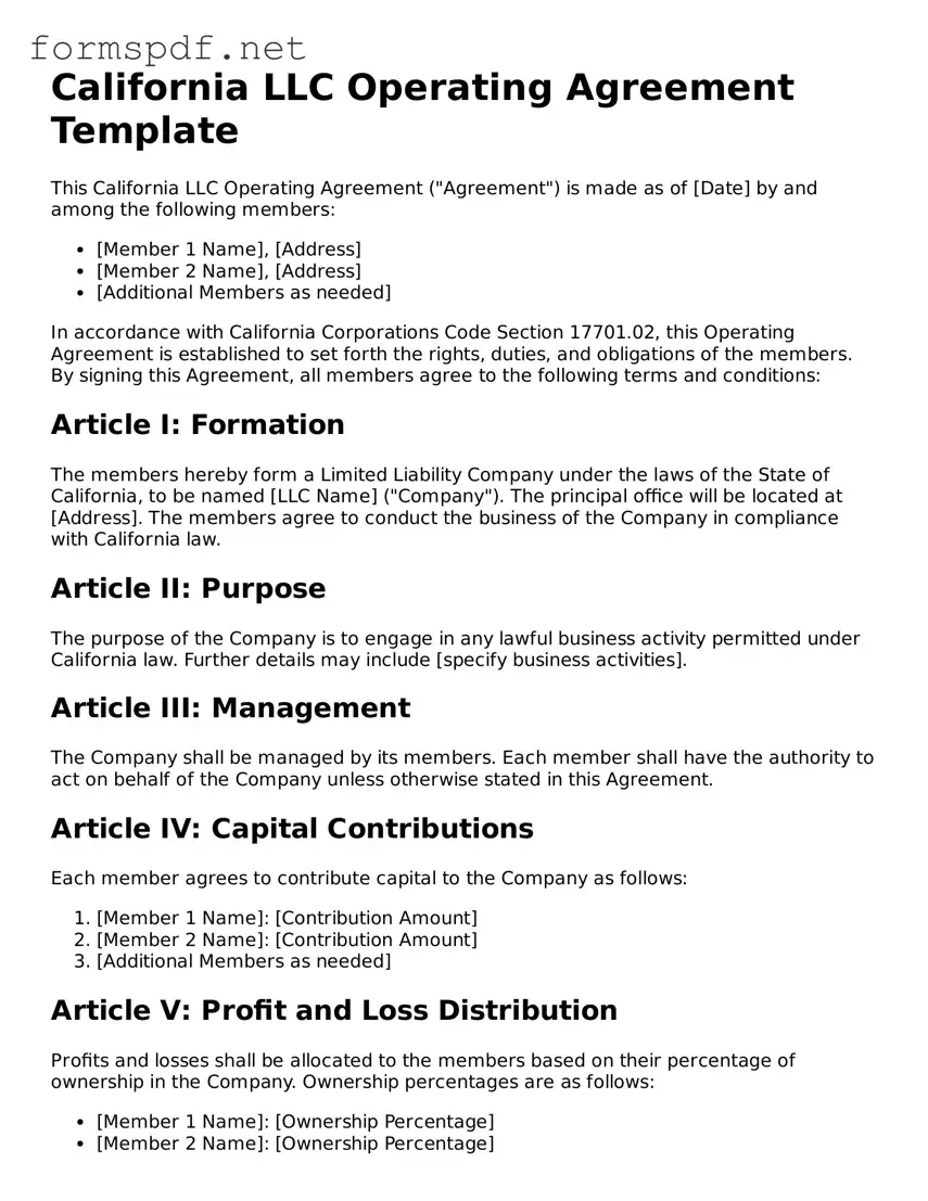 Free  Operating Agreement Form for California